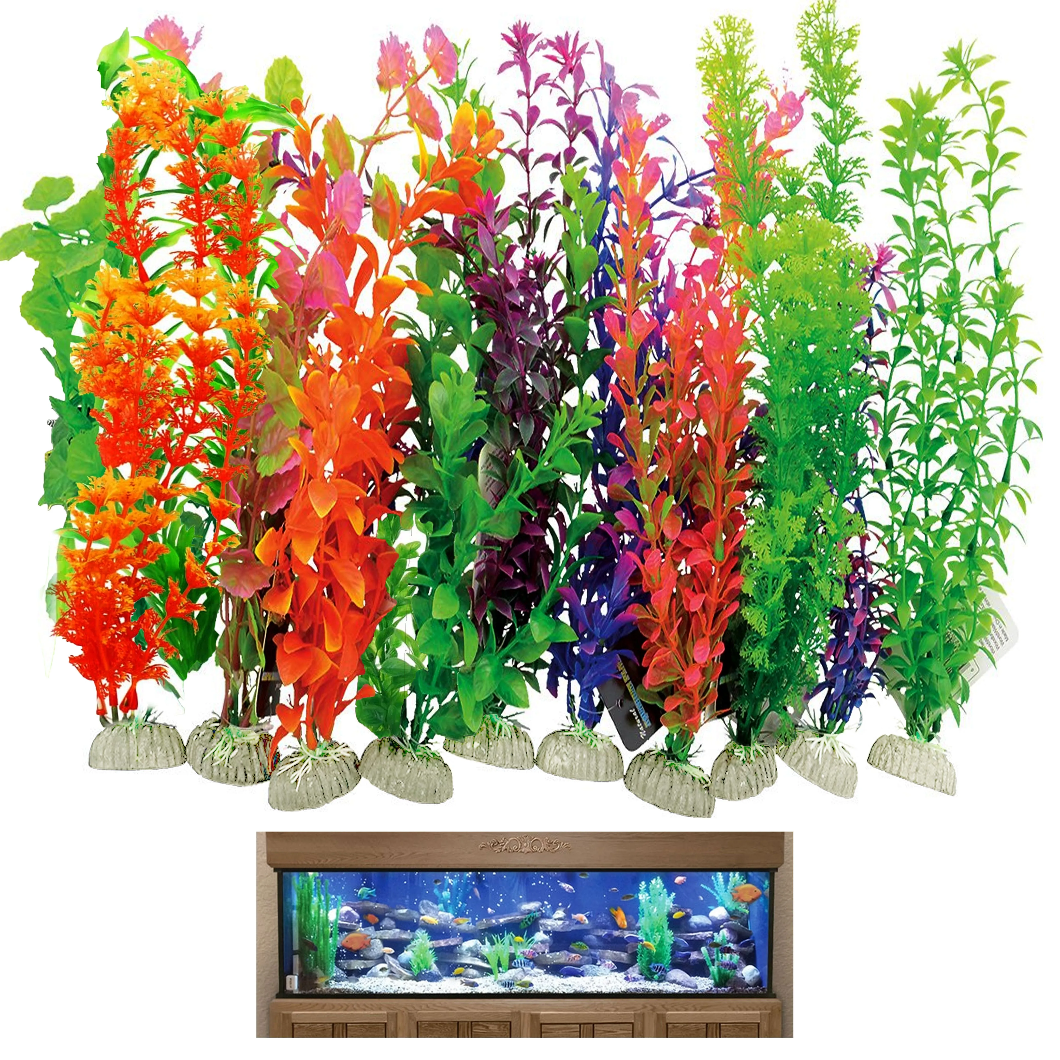 12 Pc Aquarium Fish Tank Ornament Plastic Plants Lush Green 14-inch Tall Large