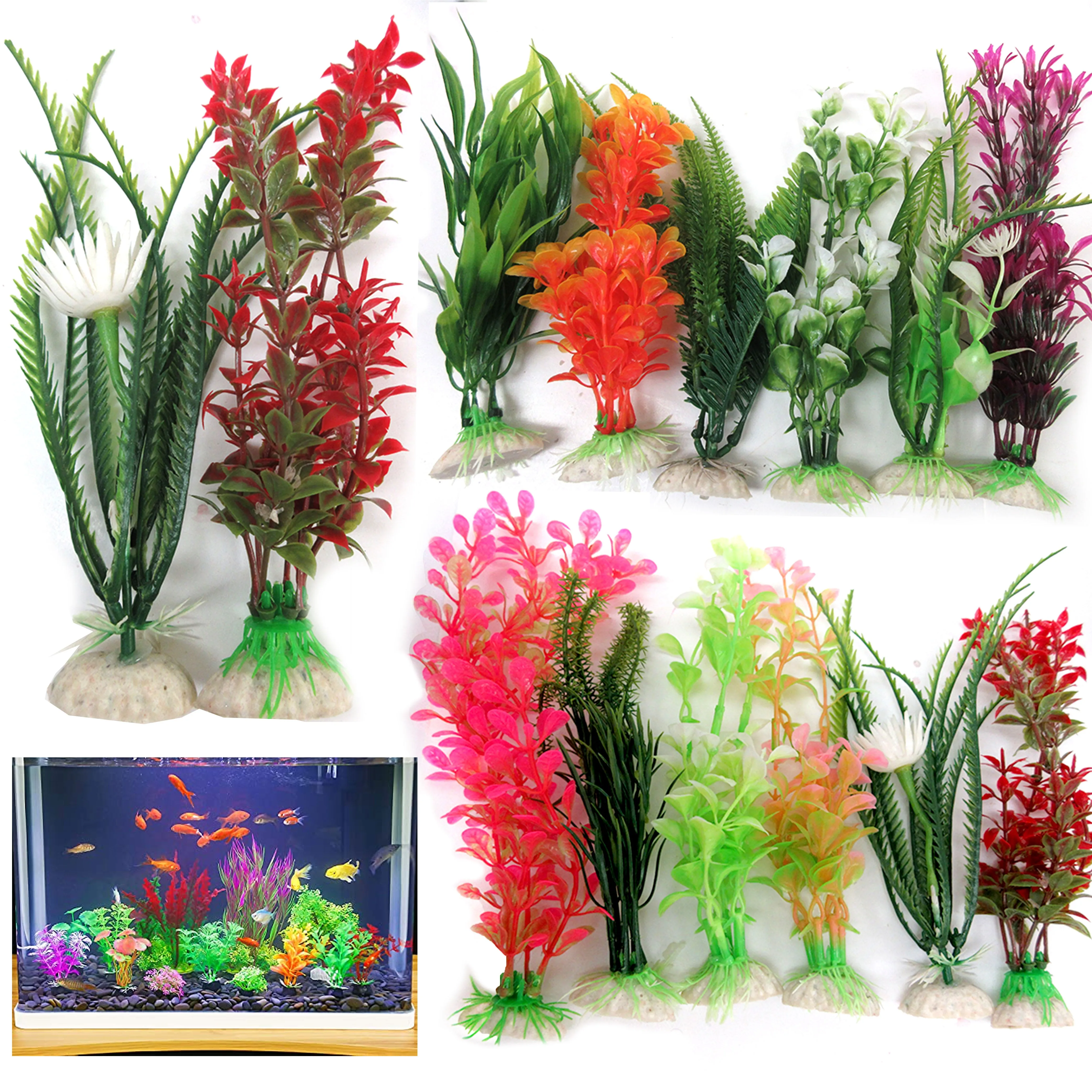 12 Pc Ornament Aquarium Decoration Plastic Water Grass Fake Plants Fish Tank 6"