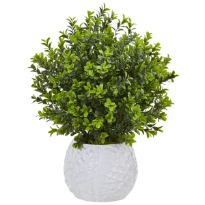 17" Artificial Boxwood in White Vase (Indoor/Outdoor) - Low Maintenance, Life-Like & Vibrant Silk Plants For Busy People.
