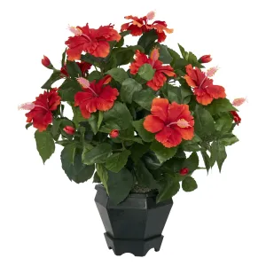 20" Artificial Hibiscus w/Black Hexagon Vase - Low Maintenance, Life-Like & Vibrant Silk Plants For Busy People.