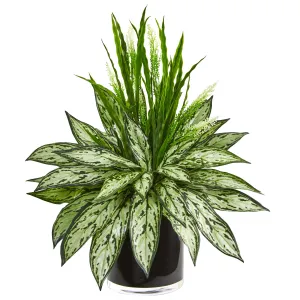 20" Artificial Silver Queen and Grass in Black Vase - Low Maintenance, Life-Like & Vibrant Silk Plants For Busy People.