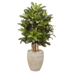 3.5' Artificial Croton Plant in Sand Colored Planter - Low Maintenance, Life-Like & Vibrant Silk Plants For Busy People.