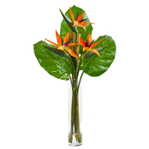 38" Artificial Bird of Paradise Arrangement in Cylinder Vase - Low Maintenance, Life-Like & Vibrant Silk Flowers For Busy People.