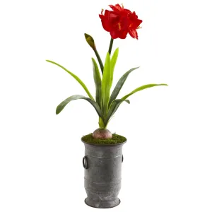 39” Amaryllis Artificial Plant in Vintage Metal Planter