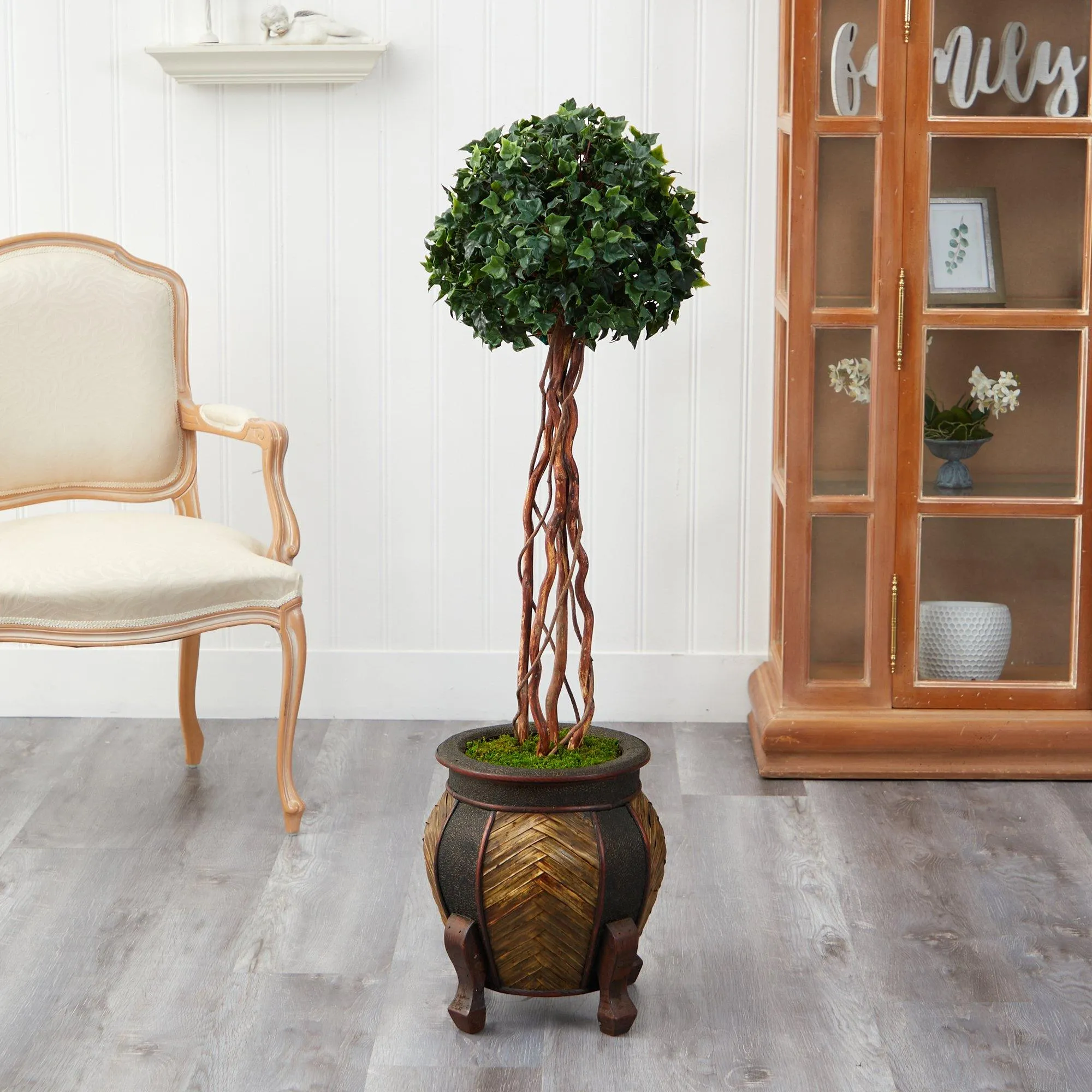 4’ English Ivy Topiary Single Ball Artificial Tree in Decorative Planter  (Indoor/Outdoor)