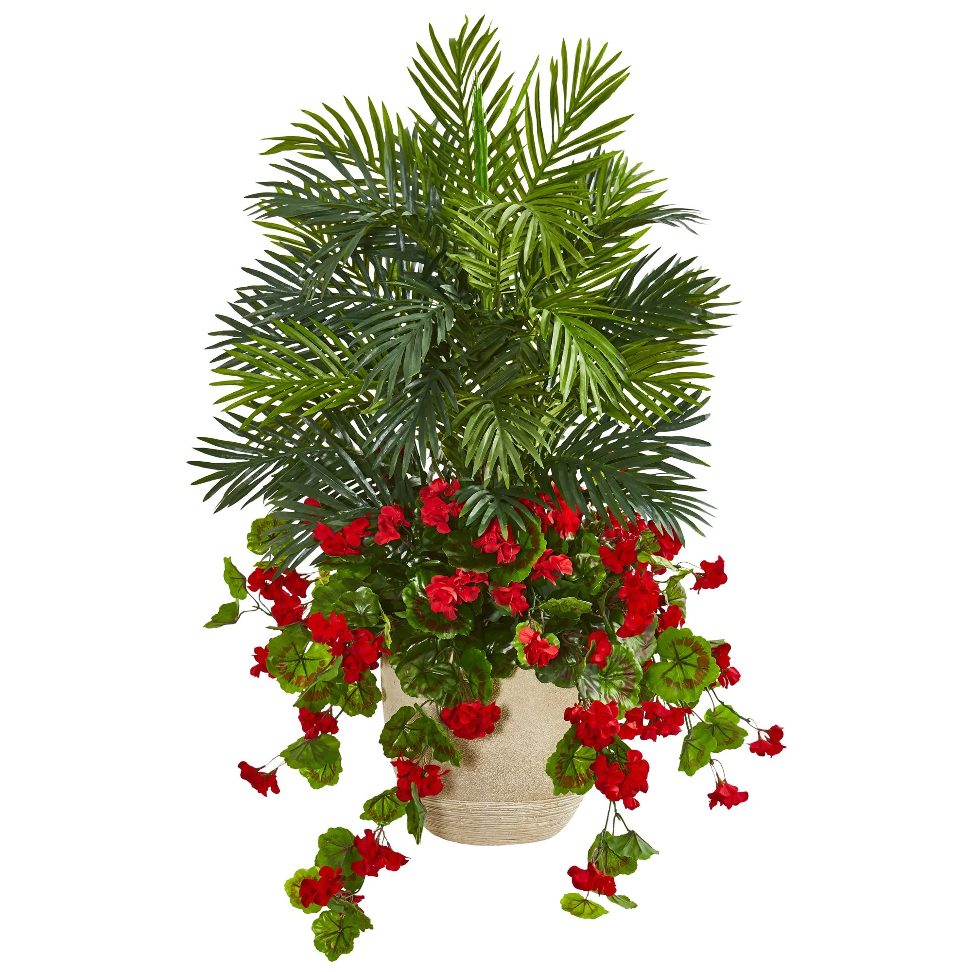 42" Artificial Geranium & Areca Palm Plant - Low Maintenance, Life-Like & Vibrant Silk Plants For Busy People.