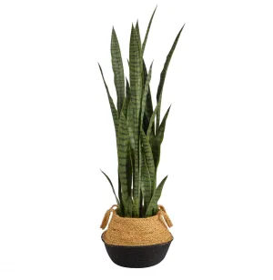 46" Artificial Sansevieria Plant in Boho Chic Handmade Cotton & Jute White Woven Planter - Low Maintenance, Life-Like & Vibrant Silk Plants For Busy People.