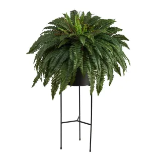 51" Artificial Boston Fern Plant in Black Planter with Stand - Low Maintenance, Life-Like & Vibrant Silk Plants For Busy People.