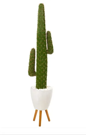 5.5' Artificial Cactus Plant in White Planter with Stand - Low Maintenance, Life-Like & Vibrant Silk Plants For Busy People.
