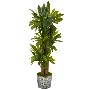58" Artificial Corn Stalk Dracaena Plant in Embossed Tin Planter (Real Touch) - Low Maintenance, Life-Like & Vibrant Silk Plants For Busy People.