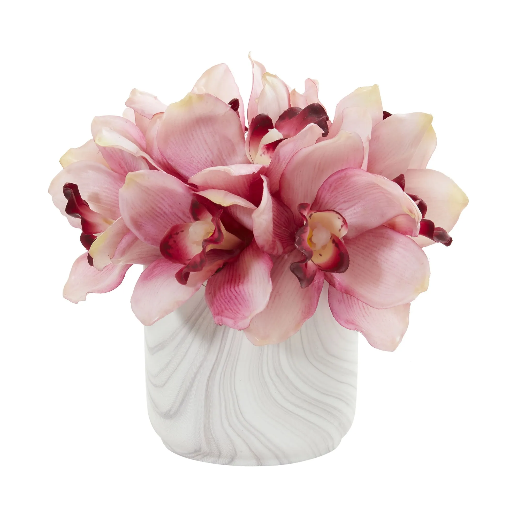 7" Artificial Cymbidium Orchid Arrangement in Marble Vase - Low Maintenance, Life-Like & Vibrant Silk Flowers For Busy People.