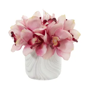 7" Artificial Cymbidium Orchid Arrangement in Marble Vase - Low Maintenance, Life-Like & Vibrant Silk Flowers For Busy People.