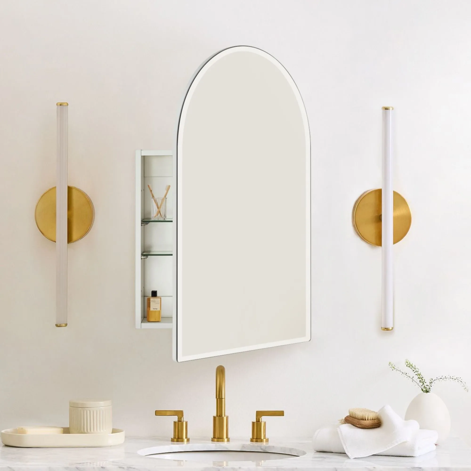 Arched Recess and Surface Mount Frameless Medicine Cabinet with Mirror