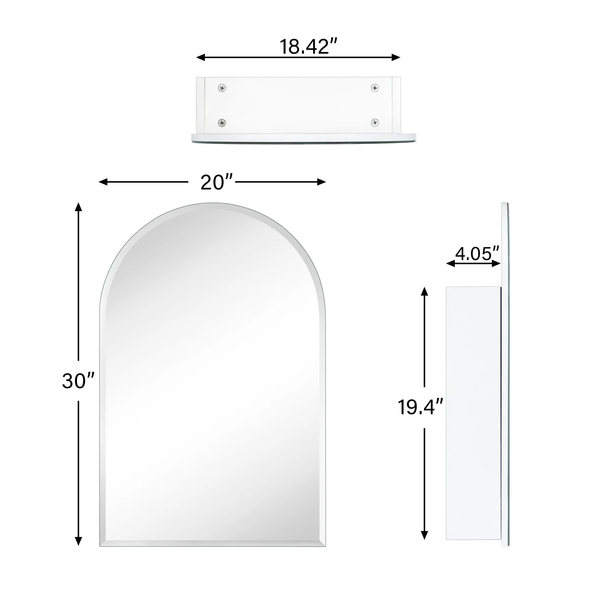 Arched Recess and Surface Mount Frameless Medicine Cabinet with Mirror