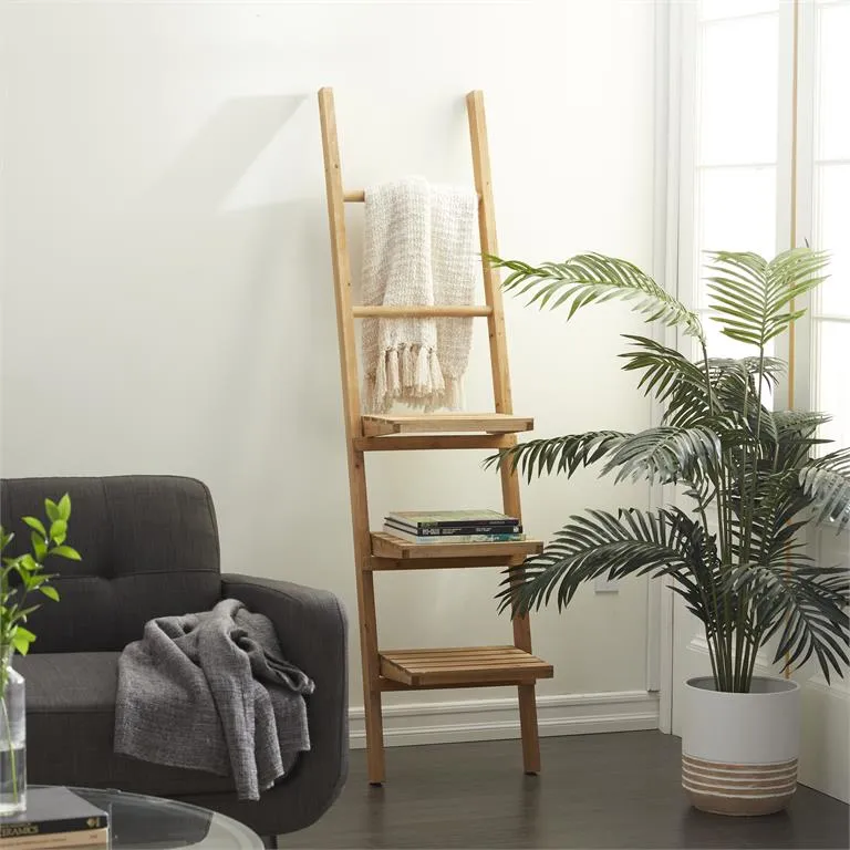 BROWN WOOD 3 SHELF AND 2 RUNGS WALL SHELF
