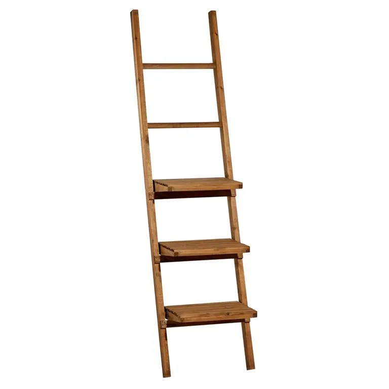 BROWN WOOD 3 SHELF AND 2 RUNGS WALL SHELF