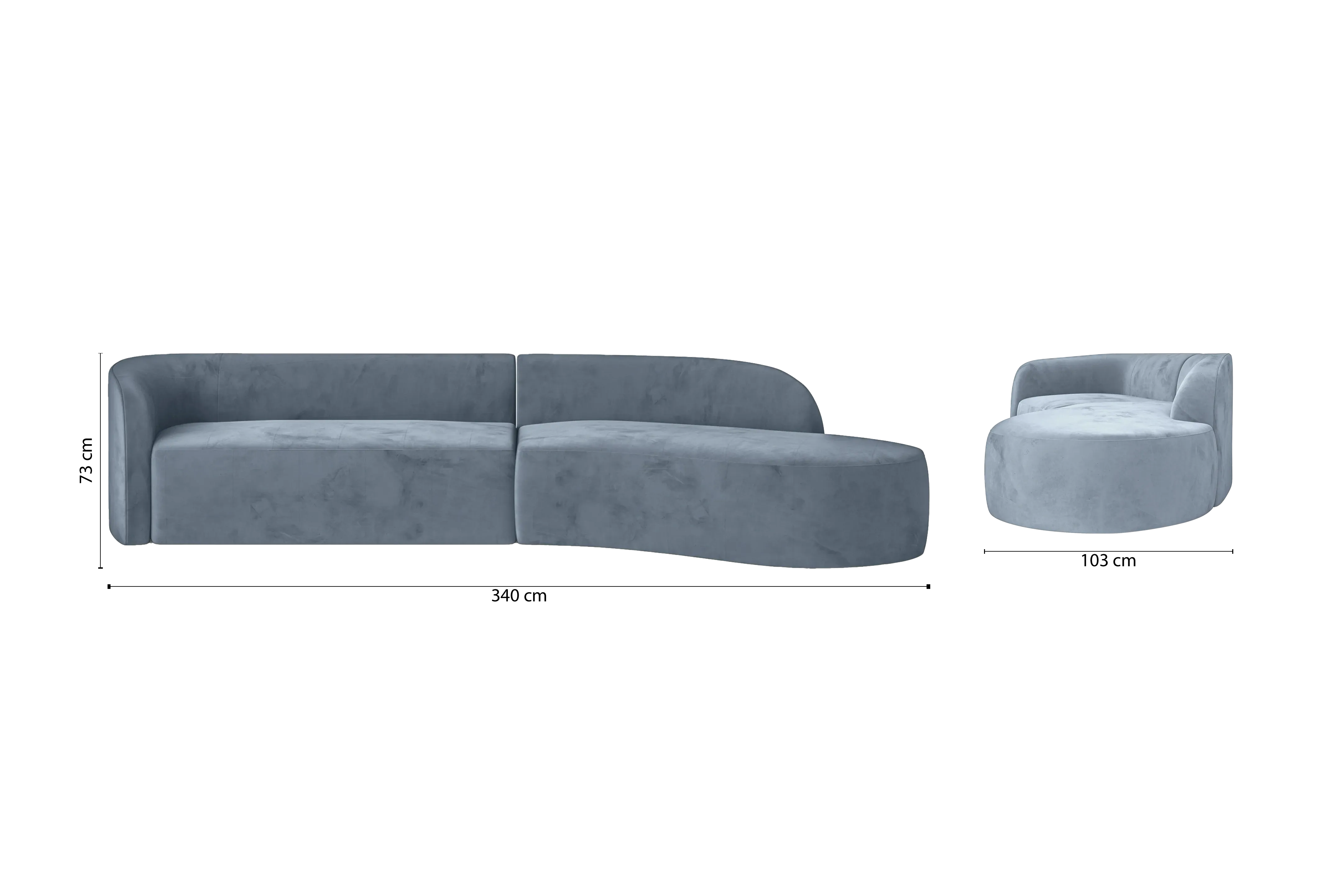 Caserta 4 Seater Right Hand Facing Chaise Lounge Corner Sofa Baby Blue Velvet