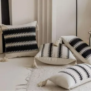 Large Black & White Geometric Jacquard Crochet Pillow Cover with Tassels – 24x24 Inch Decorative Cushion Case