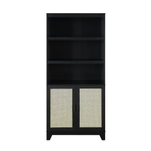 Manhattan Comfort Sheridan Modern Cane Bookcase with Adjustable Shelves in Black