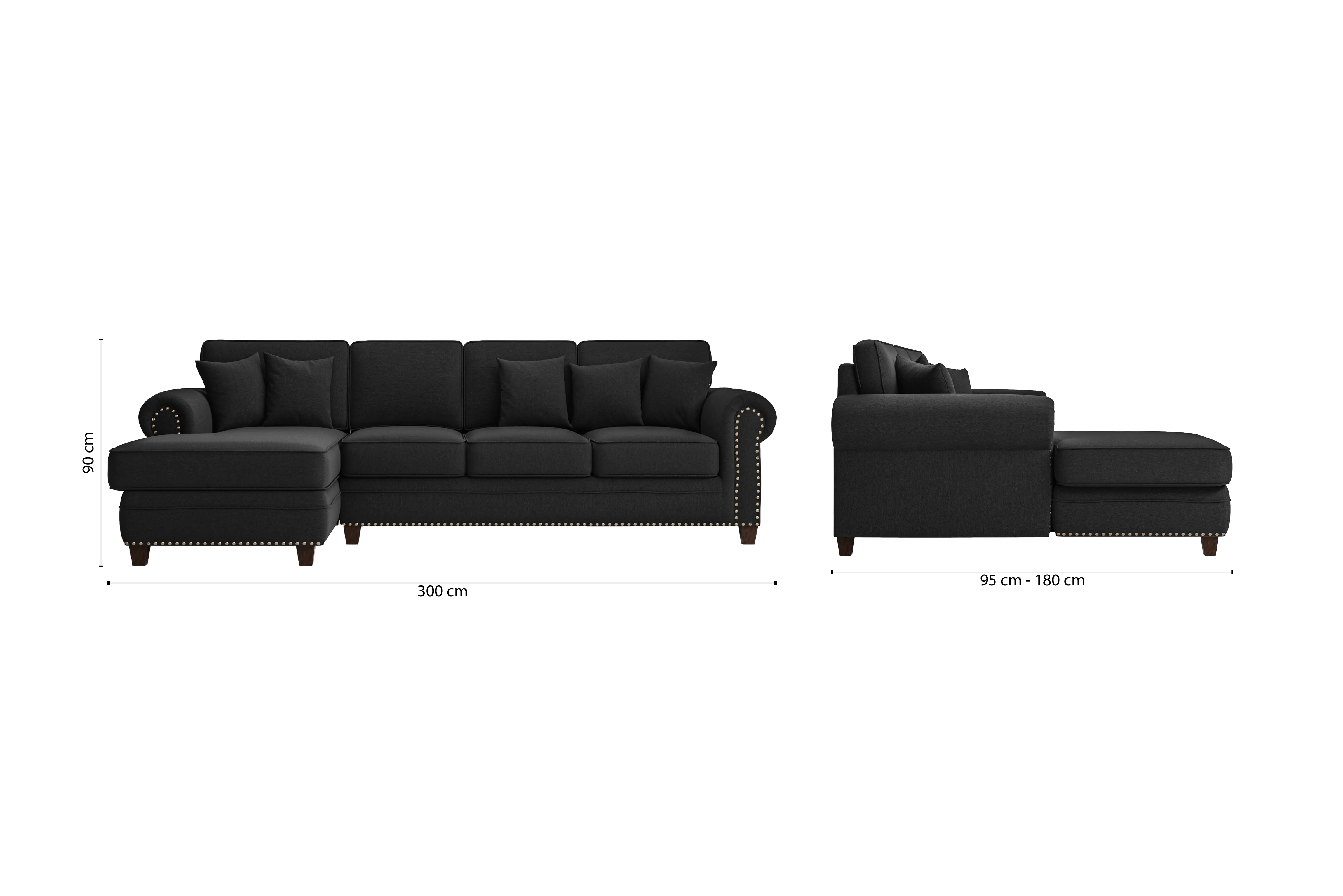 Marano 4 Seater Left Hand Facing Chaise Lounge Corner Sofa Black Linen Fabric