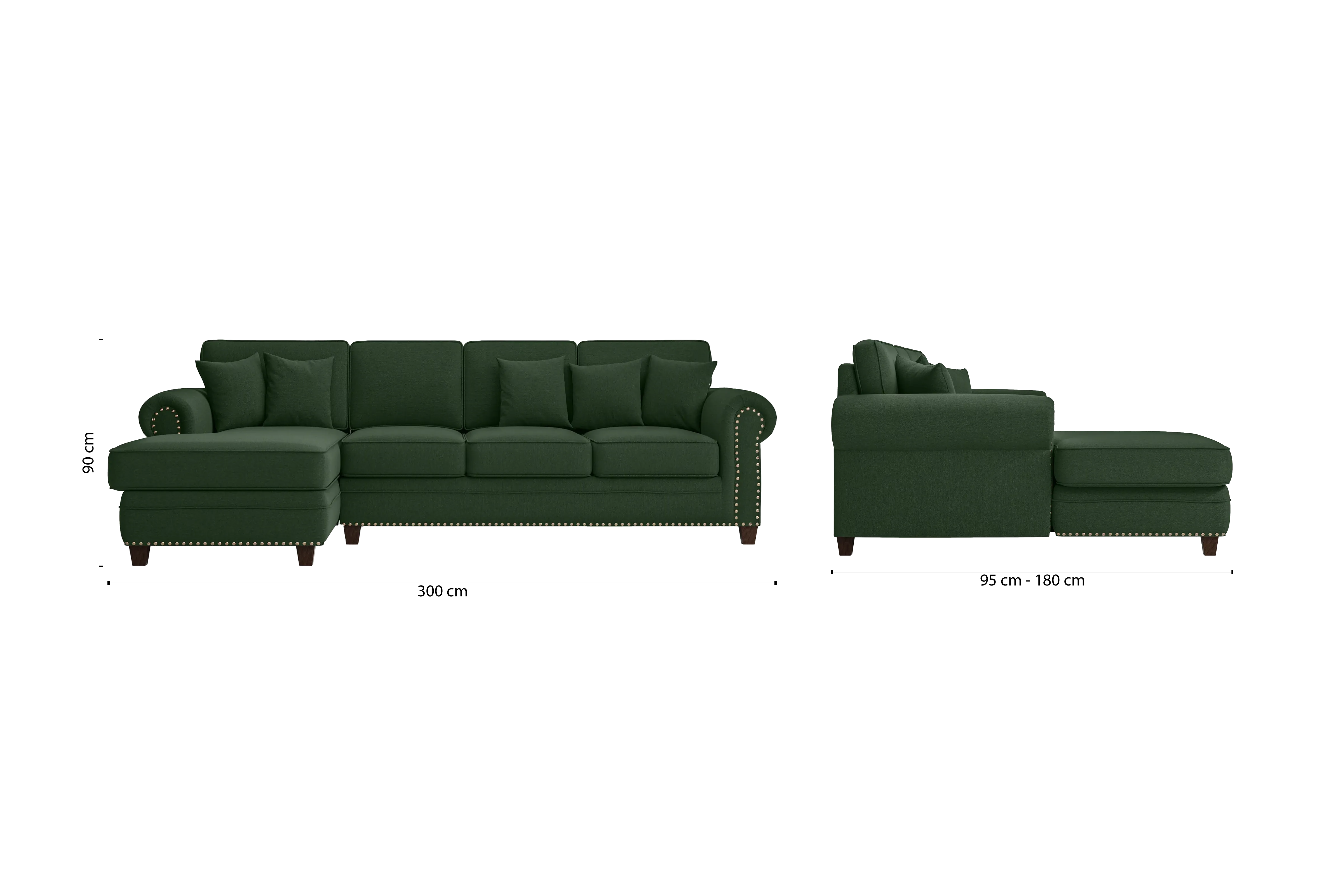 Marano 4 Seater Left Hand Facing Chaise Lounge Corner Sofa Forest Green Linen Fabric