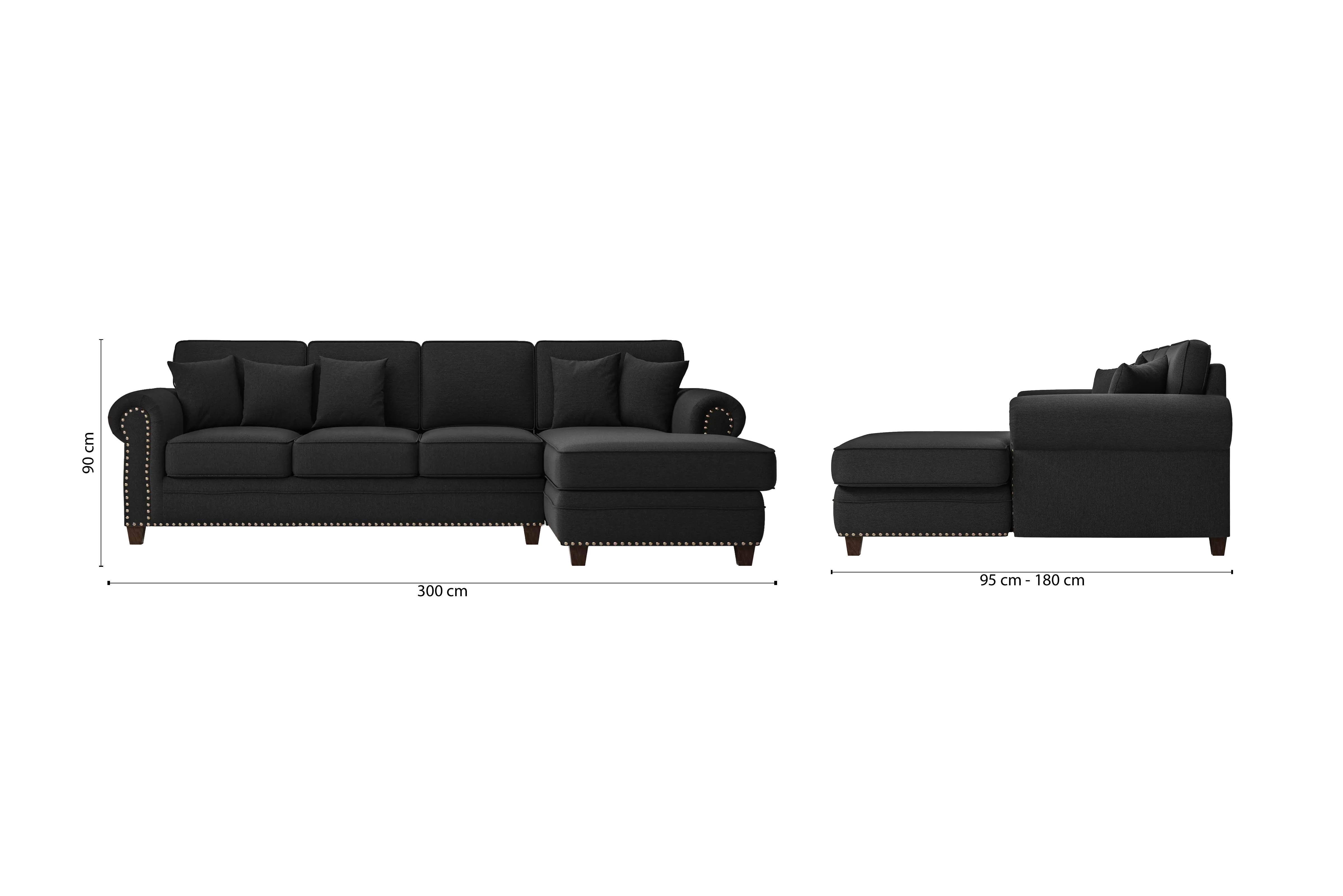 Marano 4 Seater Right Hand Facing Chaise Lounge Corner Sofa Black Linen Fabric