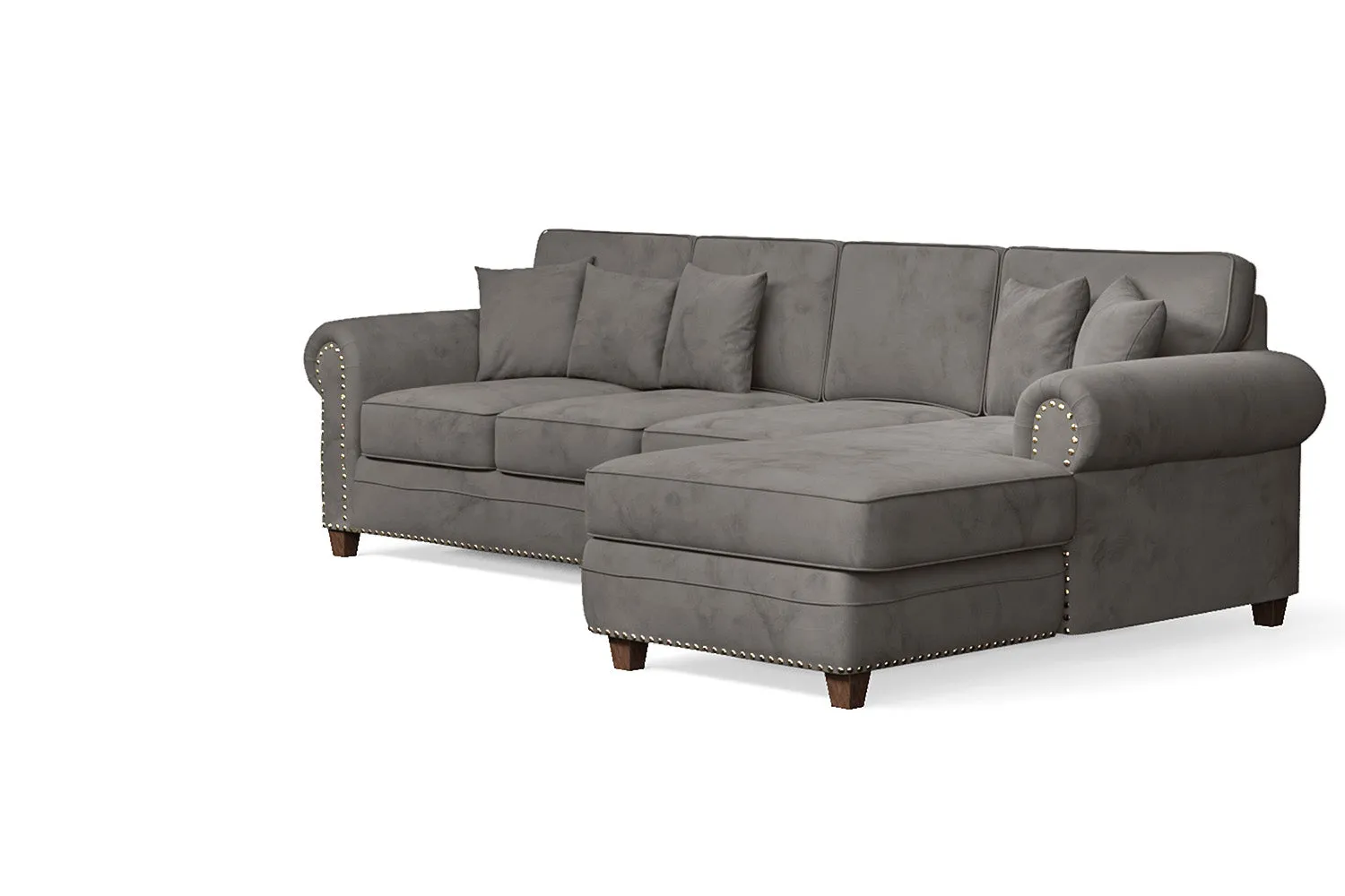 Stylish Grey Velvet Marano Right-Hand Facing 4-Seater Chaise Lounge Corner Sofa