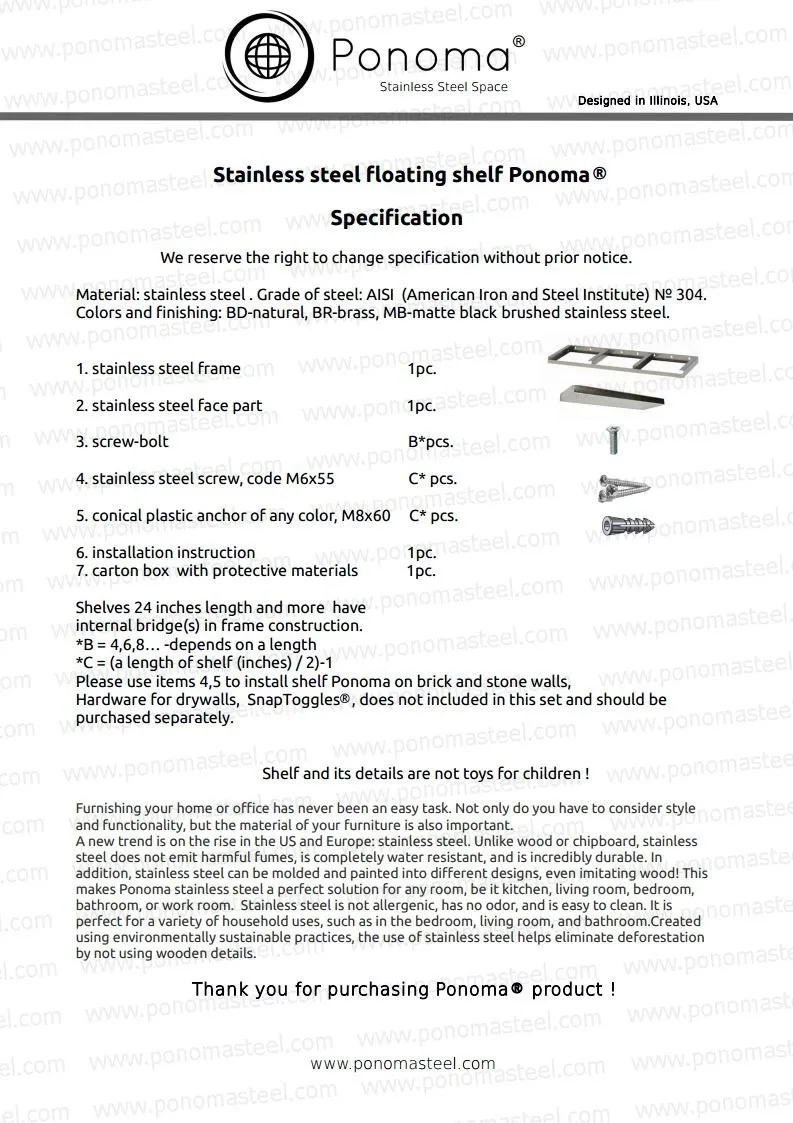 Metal shelves 53"- 57" (cm. 135 - 145) made-to-order floating shelves Ponoma®