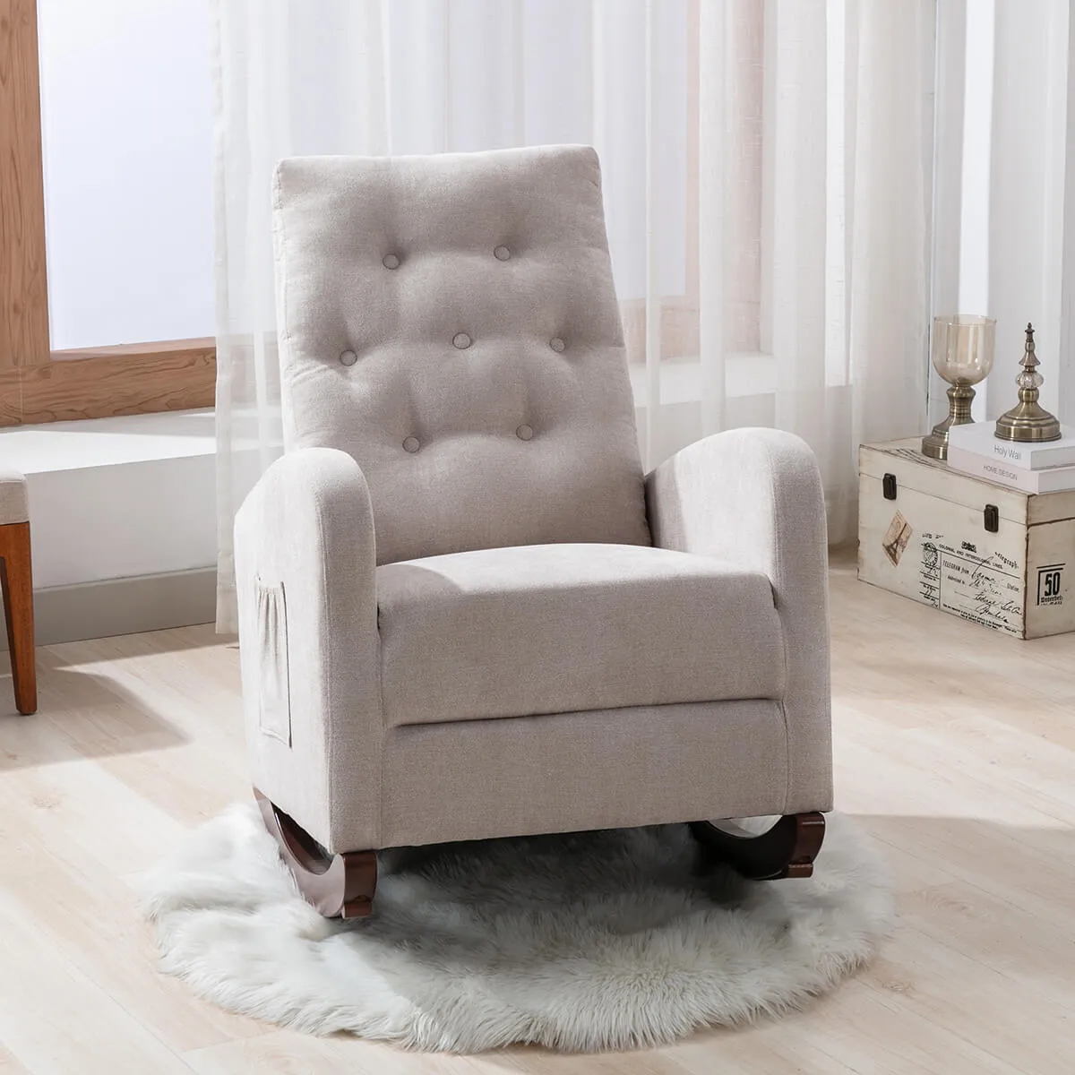 Mid Century Rocking Chair Fabric Padded Seat Indoor Nursery Chair, Tan