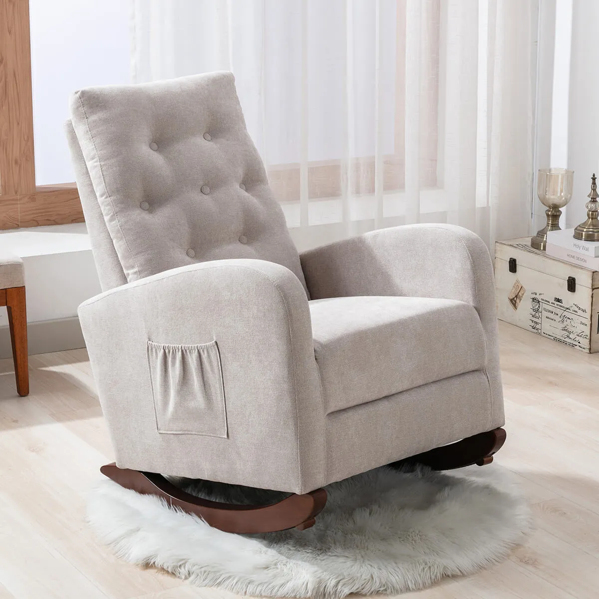 Mid Century Rocking Chair Fabric Padded Seat Indoor Nursery Chair, Tan