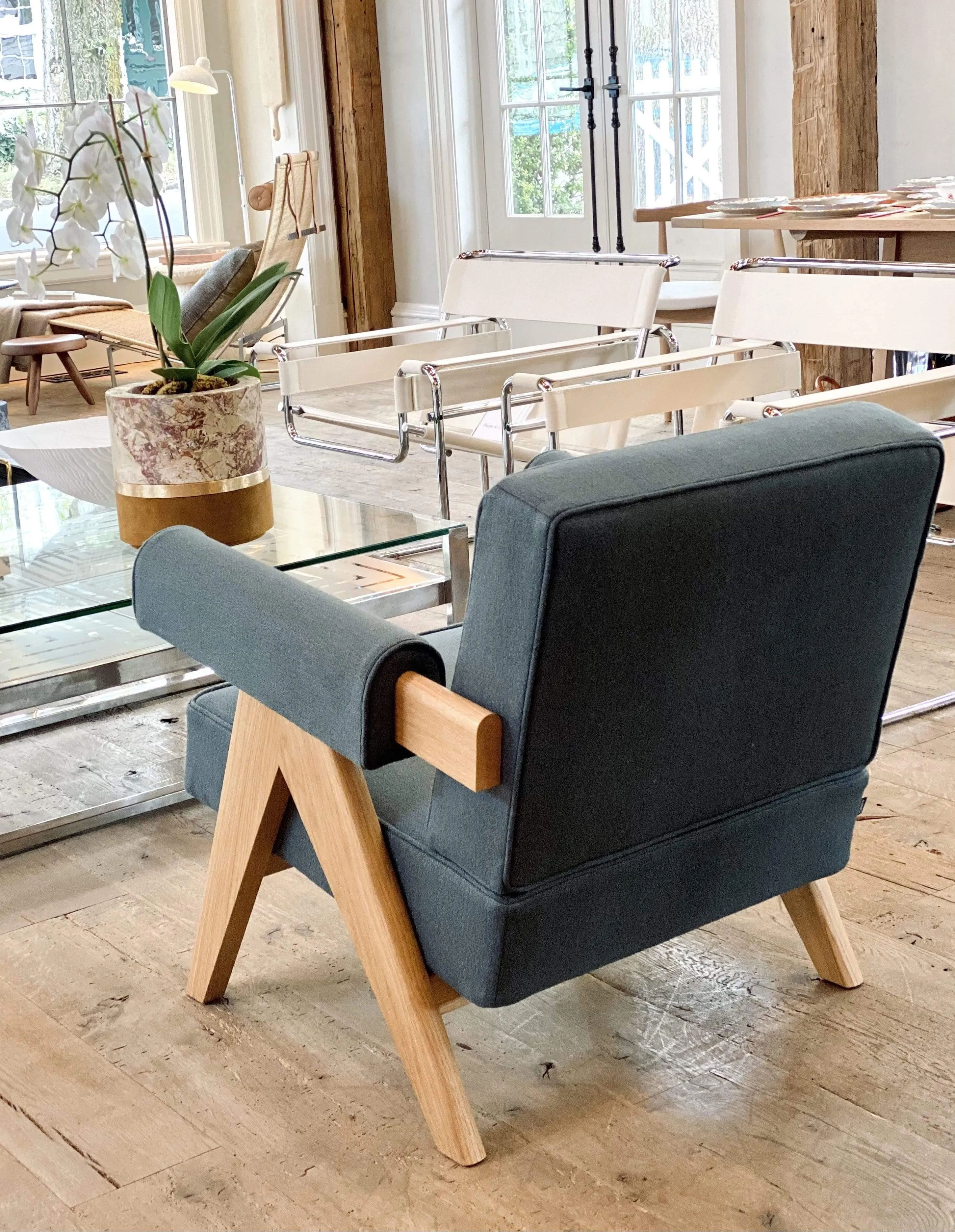 Pair Of Pierre Jeanneret 1960 Capitol Complex Armchair In Oak with Jeans Fabric