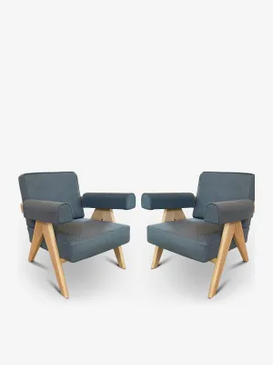 Pair Of Pierre Jeanneret 1960 Capitol Complex Armchair In Oak with Jeans Fabric