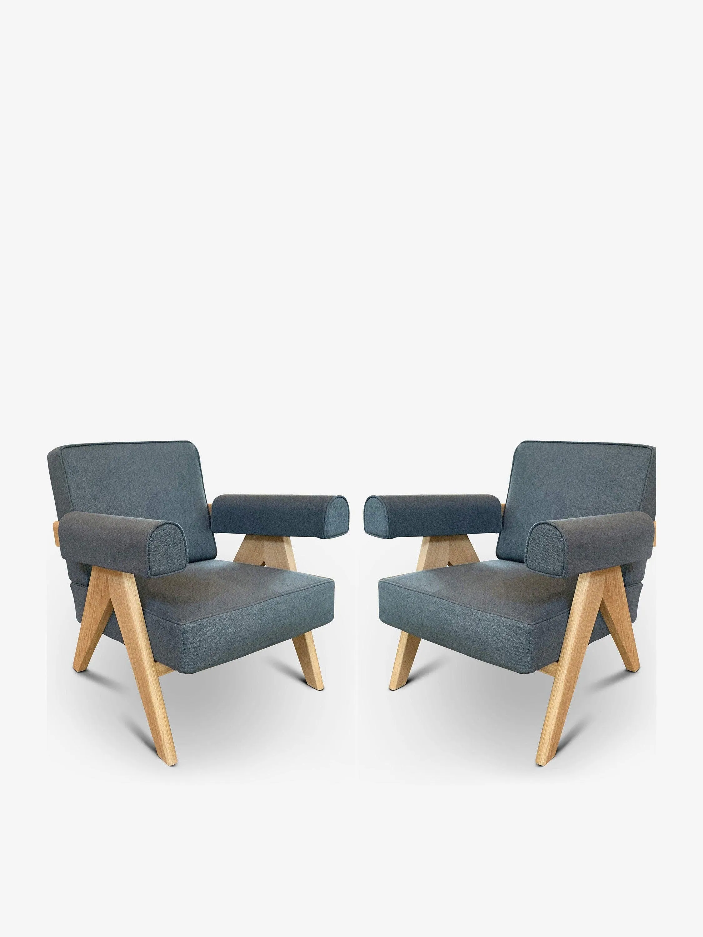Pair Of Pierre Jeanneret 1960 Capitol Complex Armchair In Oak with Jeans Fabric