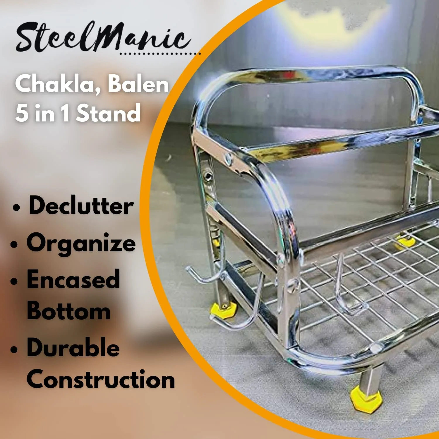 SteelManic 5-in-1 Stainless Steel Chakla Belan Tawa Chimta Stand for Kitchen - Wall Mount Rack for Rolling Pin, Board, Tong Holder, Floating Shelves